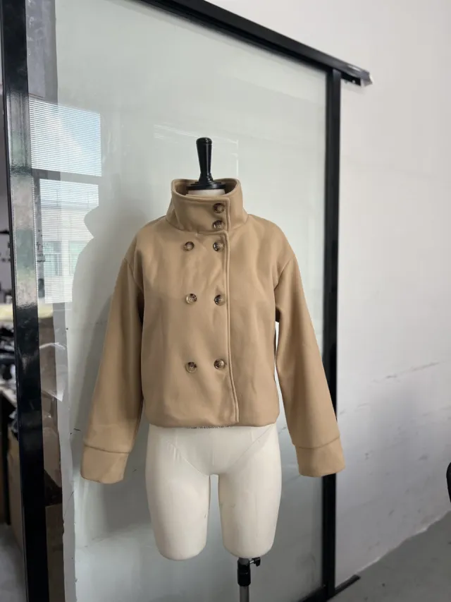 Commuter's All matching Stand Collar Breasted Woolen Coat Khaki A - Shop at LoveMi