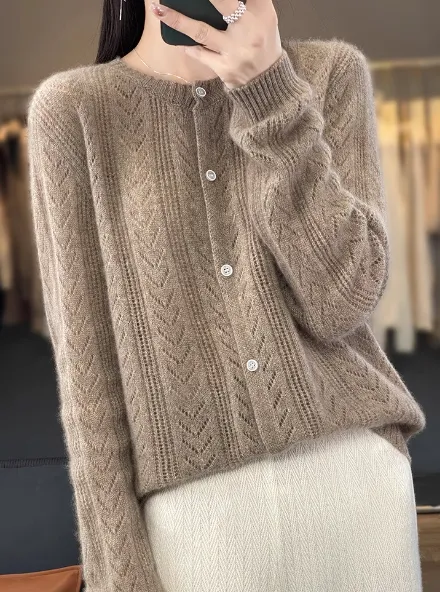 Round Neck Cardigan Hollow Cashmere Sweater Coat For Women Camel - Shop at LoveMi