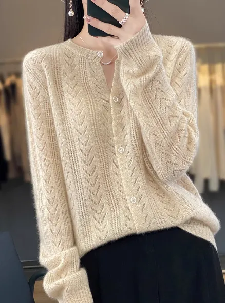 Round Neck Cardigan Hollow Cashmere Sweater Coat For Women Beige - Shop at LoveMi