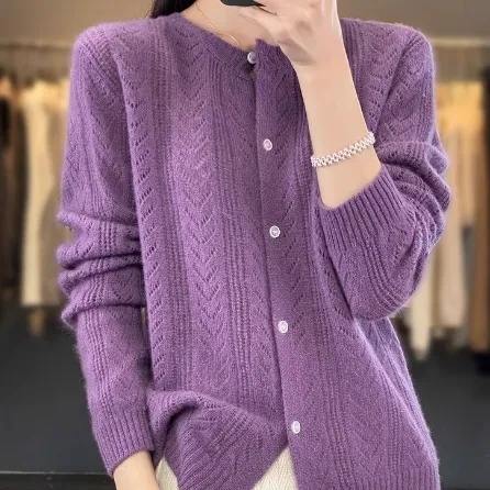 Round Neck Cardigan Hollow Cashmere Sweater Coat For Women Purple - Shop at LoveMi