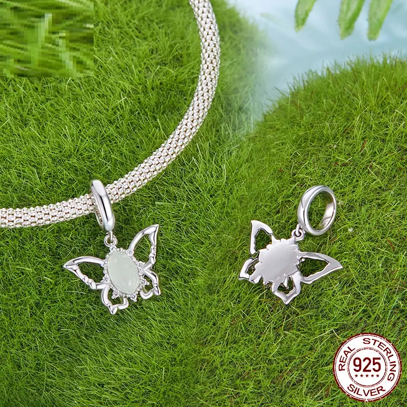 925 Sterling Silver Butterfly Pendant Natural Jade