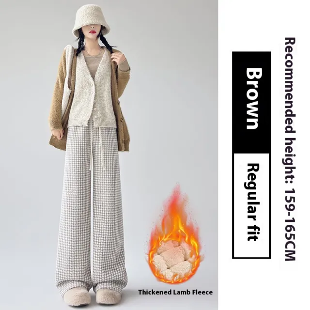 Slimming Lambswool Houndstooth Casual Wide leg Pants Coffee Color - Shop at LoveMi