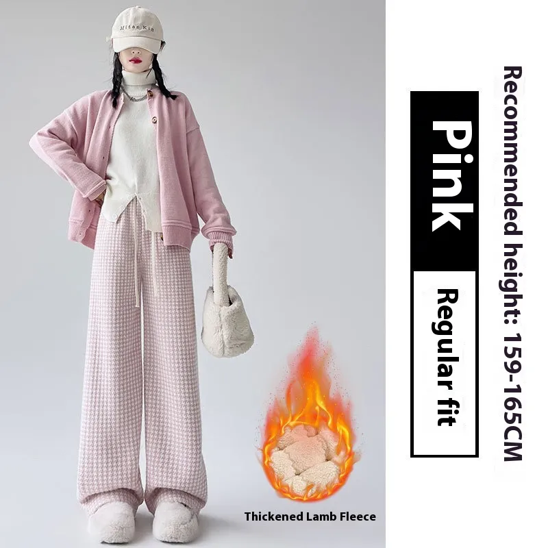 Slimming Lambswool Houndstooth Casual Wide-leg Pants - Pink