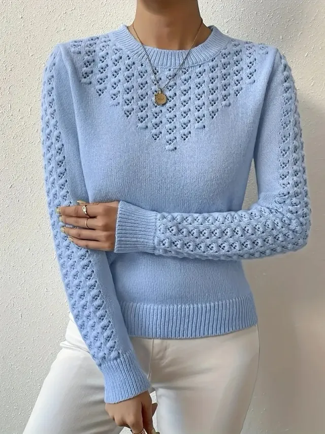 Solid Color Hollow Elegant Round Neck Long Sleeve Sweater Sky Blue - Shop at LoveMi