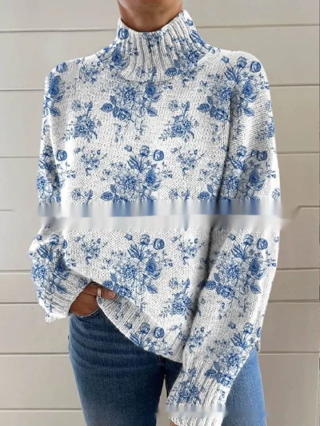 Abstract Printing Casual Cloak Turtleneck Pullover Women Qs402 - Shop at LoveMi