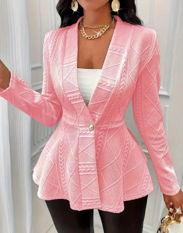 Women Jacquard Texture Single Button Slim-fit Long-sleeved Jacket - Pink