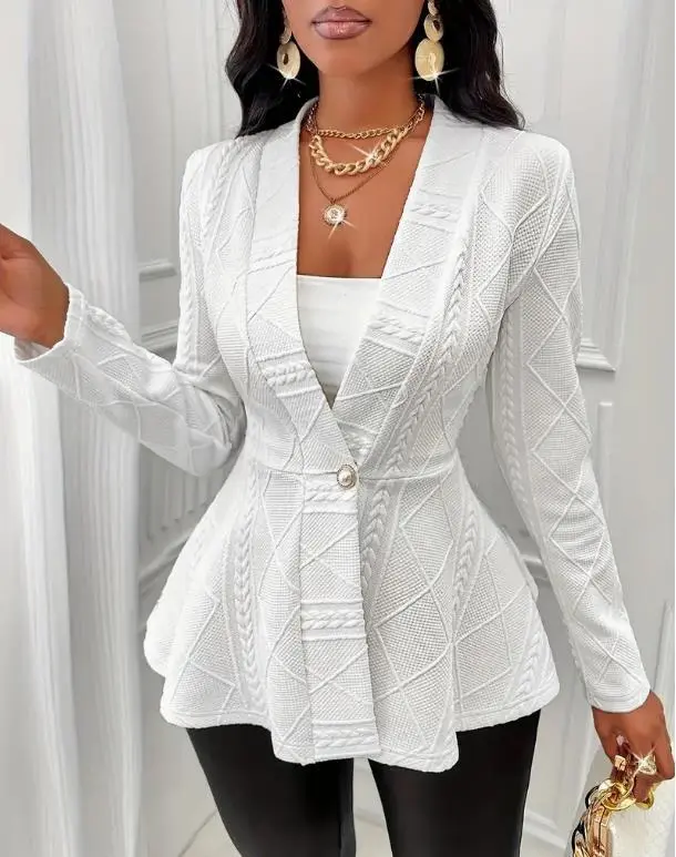 Women Jacquard Texture Single Button Slim fit Long sleeved Jacket White - Shop at LoveMi