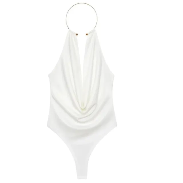 Pure Desire Backless Sexy Metal Decorative Halter Sleeveless Leotard White - Shop at LoveMi