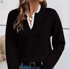 Women's Fashionable Solid Colour Loose Lace V-neck Sweater - Black - View 1