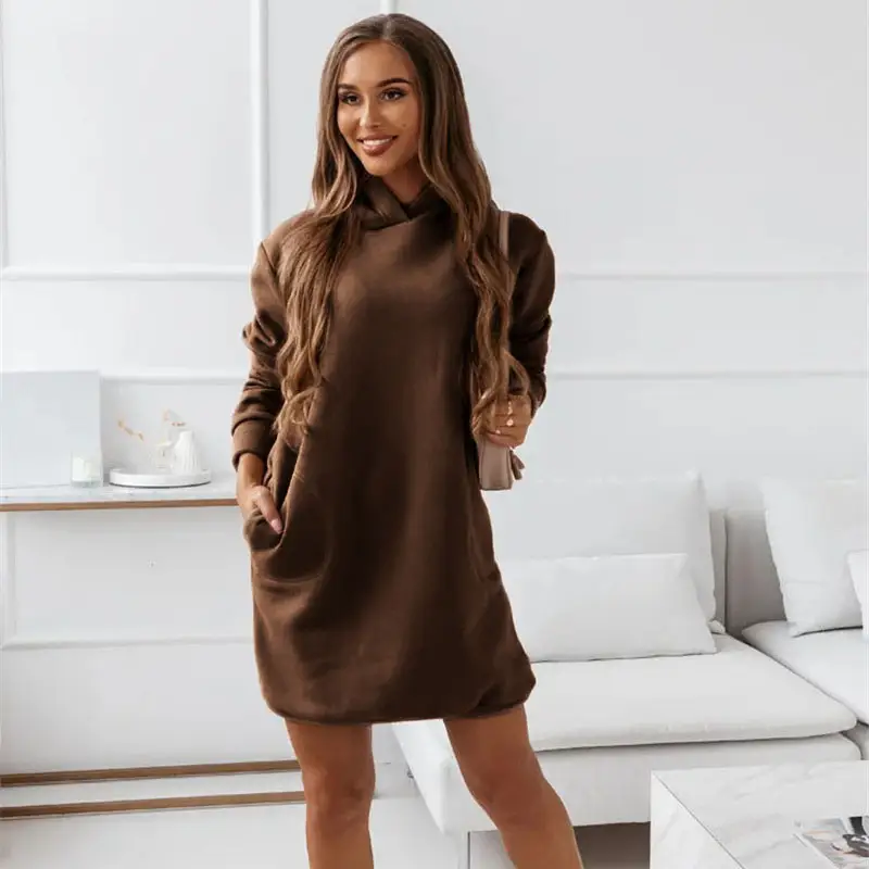 Fashion Hooded Long-sleeved Solid Color Women's Dress
