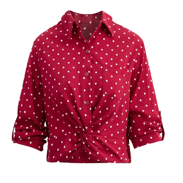 Women's Single breasted Lapel Chiffon Slim Fit Long Sleeve Polka Dot Shirt Wine - Shop at LoveMi
