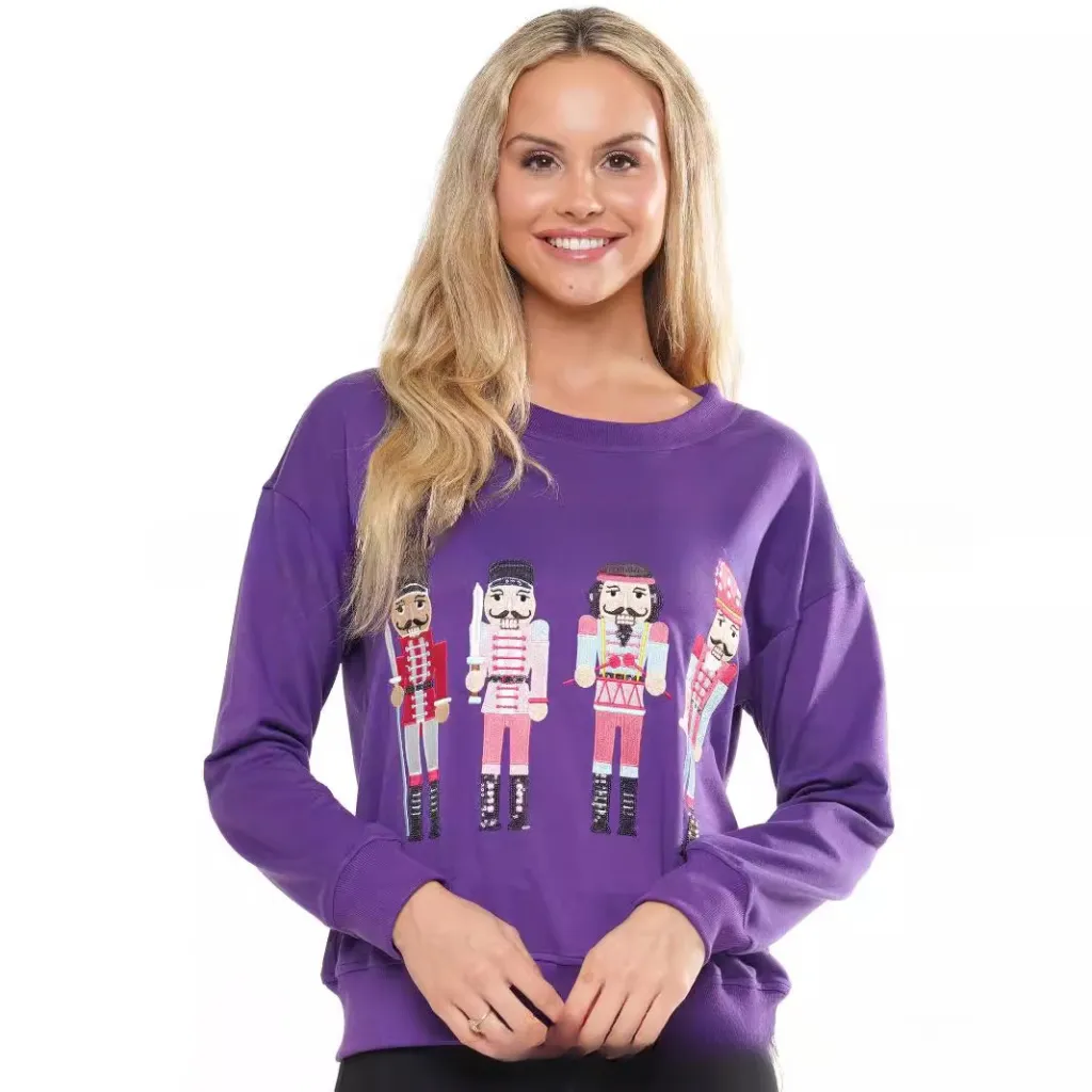 Christmas Element Round Neck Pullover Embroidery Sequined Sweater - Purple