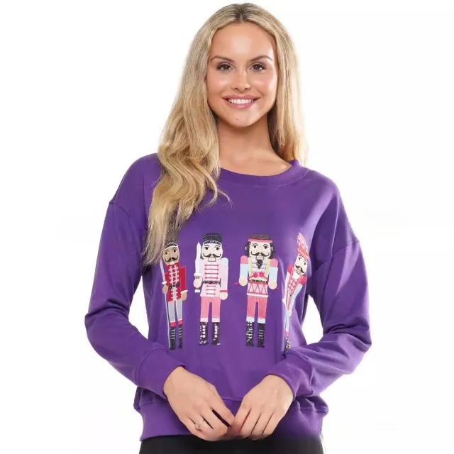 Christmas Element Round Neck Pullover Embroidery Sequined Sweater Purple - Shop at LoveMi