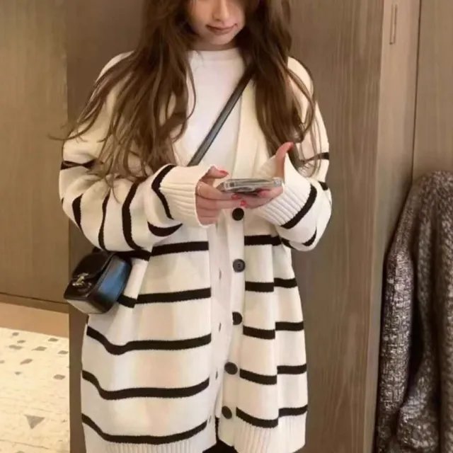 Striped Knitted Cardigan Women's Loose White - Shop at LoveMi