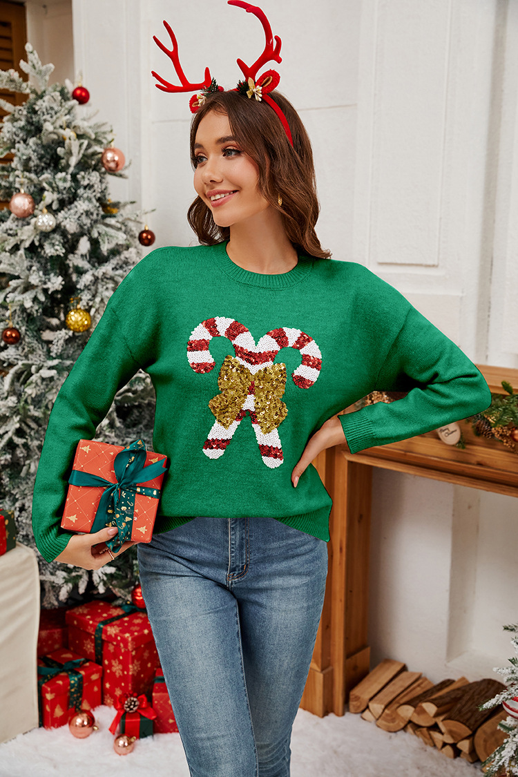Christmas Crutches Bow Sequined Women's Sweater
