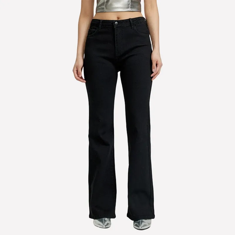 Mid-waist Retro Denim Bell-bottom Pants Stretch Multicolor - Black
