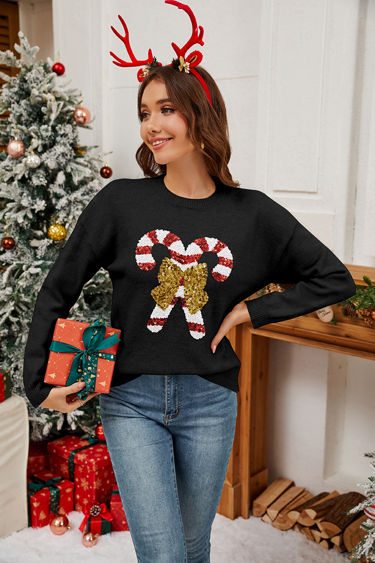Christmas Crutches Bow Sequined Women's Sweater