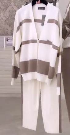 Commuter Striped Patchwork Top Trousers Women's Suit Two-piece Set - White