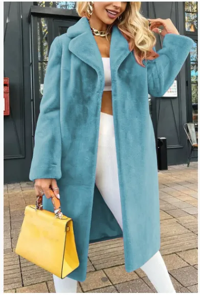 Women's Fashionable Elegant Lace-up Turn-down Collar Plush Long Coat - Blue