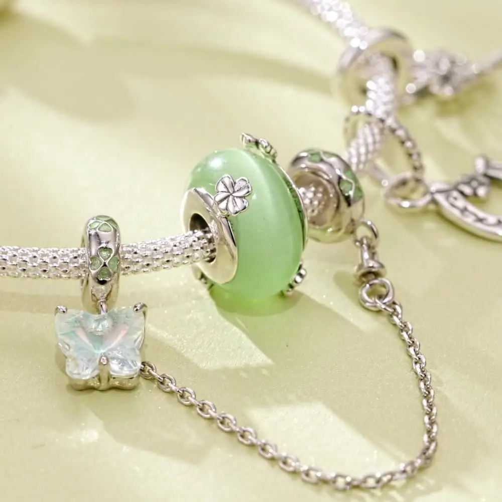Bead Accessories 925 Silver Green Four-leaf Clover