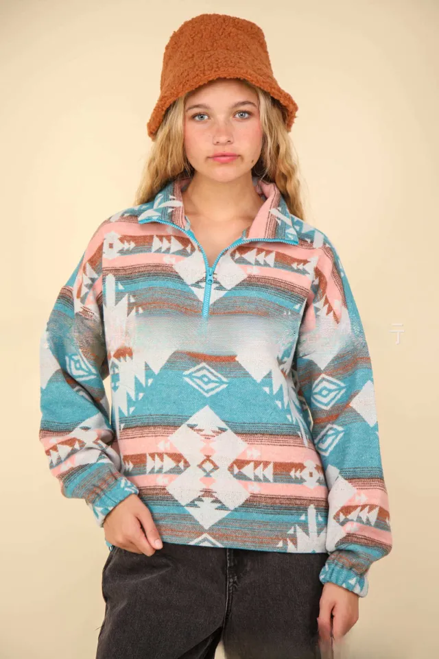 Retro Floral Casual Woolen Pullover Sweater Blue - Shop at LoveMi