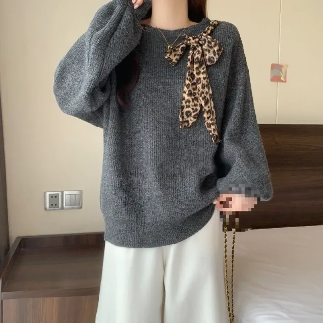 Women's American style Vintage Leopard Print Off shoulder Sweater Gray - Shop at LoveMi