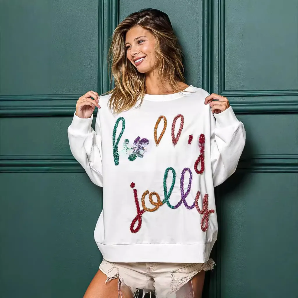 Letter Crew Neck Long Sleeve Loose Casual Christmas Pullover Sweater - White