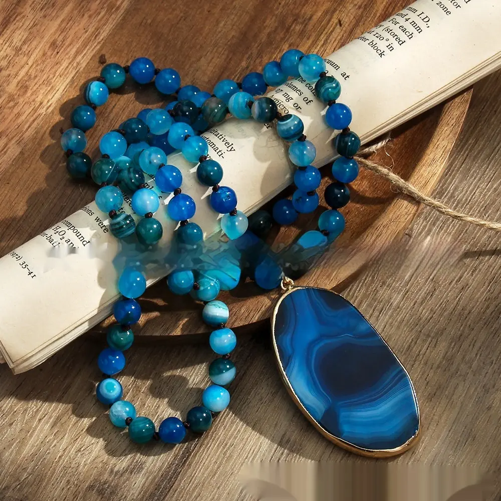 Bohemian Jewelry 8mm Natural Stone Glass Knotted Necklace Irregular Striped Agate Hanging