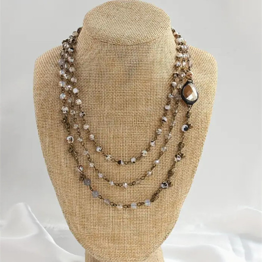 Fashion Bohemian Ethnic Style Multi-layer Natural Stone Glass Chain Curved Needle Necklace