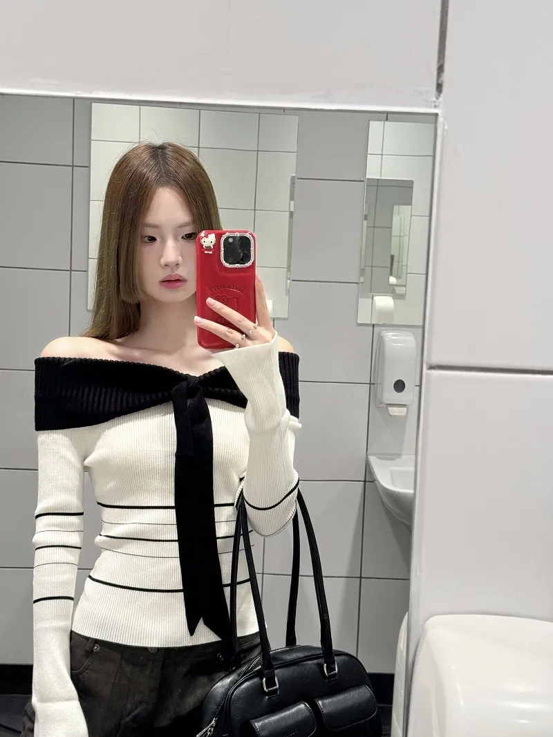Contrast Color Striped Off-shoulder Sweater Women's Short Strapless Top - White