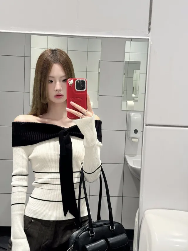 Contrast Color Striped Off shoulder Sweater Women's Short Strapless Top White - Shop at LoveMi