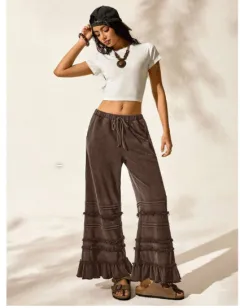 Summer Casual Vacation Style Black Worn Looking Washed-out Loose Flared Pants - Brown - View 1
