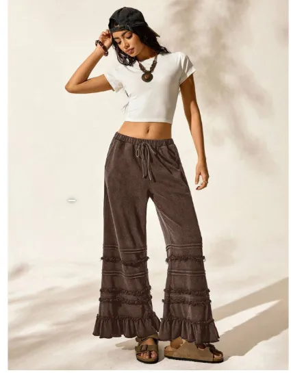 Summer Casual Vacation Style Black Worn Looking Washed-out Loose Flared Pants - Brown
