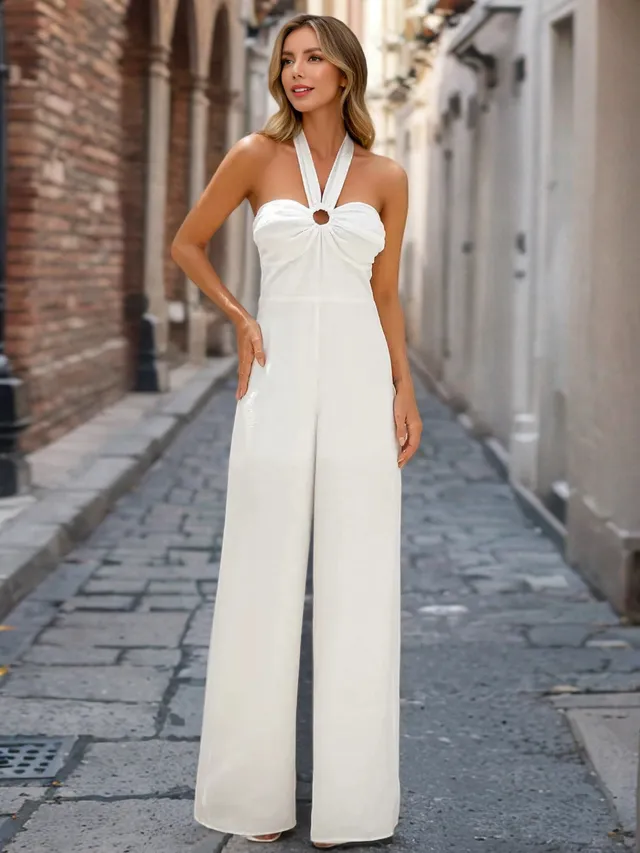 Women's Solid Color Sexy Slim Halter Tube Top Jumpsuit White - Shop at LoveMi
