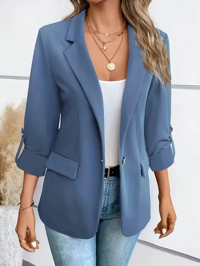Casual Button Suit Slim fit Cropped Roll up Sleeve Suit Jacket For Women Blue 2 - Shop at LoveMi
