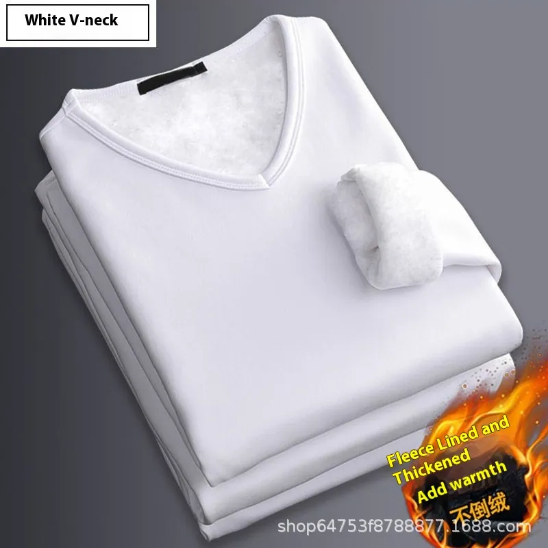 Business Thermal Underwear Autumn And Winter Solid Color Men's Undershirt - V Neck White With Velvet