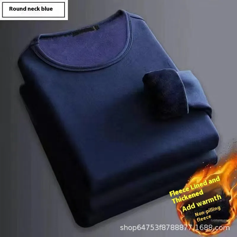 Business Thermal Underwear Autumn And Winter Solid Color Men's Undershirt - Round Navy Blue With Velvet