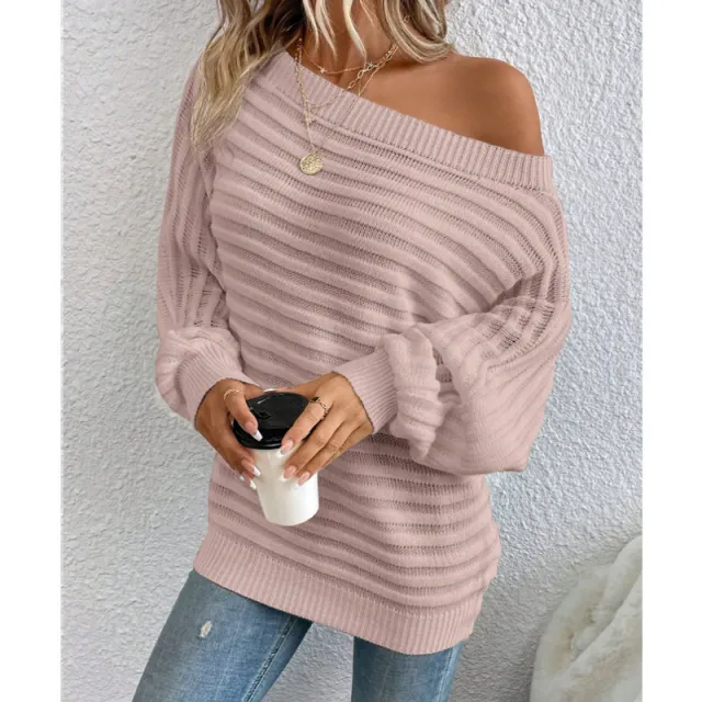 Off neck Horizontal Pattern Sunken Stripe Pullover Knitted Top Pink - Shop at LoveMi