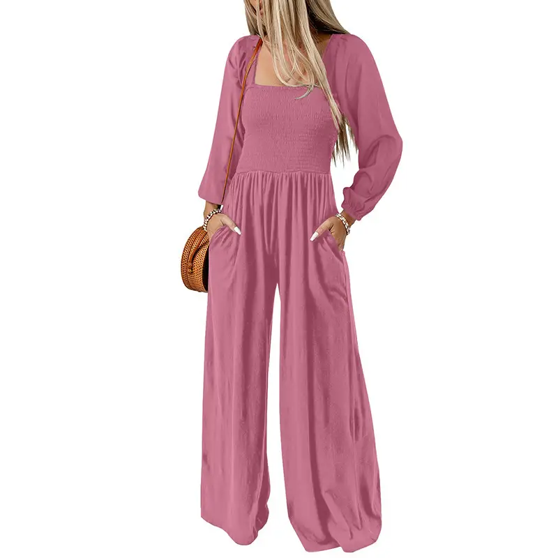 Women's Long Sleeve Wide Leg Jumpsuit with Smocked Bodice and Pockets — XS, LC6412351 P4010