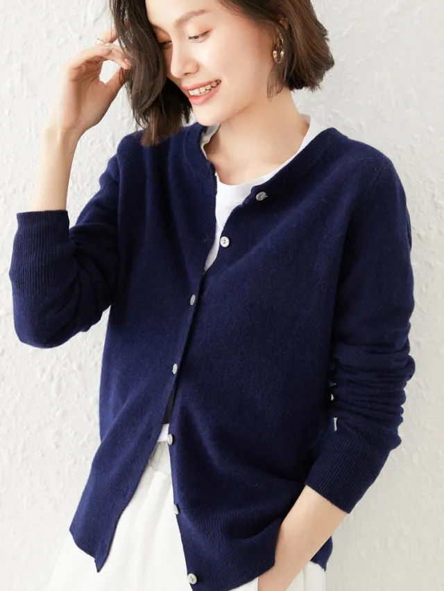 Knitted Pure Wool Round Neck Plain Sweater Blue - Shop at LoveMi