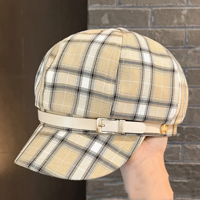 British Retro Plaid Octagonal Hat Women's Spring And Summer Beige - Shop at LoveMi