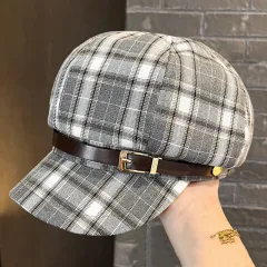 British Retro Plaid Octagonal Hat Women's Spring And Summer - Light Grey - View 1