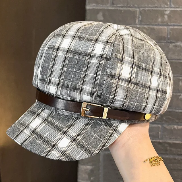 British Retro Plaid Octagonal Hat Women's Spring And Summer Light Gray - Shop at LoveMi
