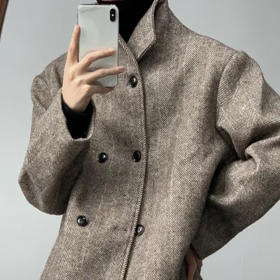 Double Breasted Stand Collar Woolen Cloth Coat Jacket