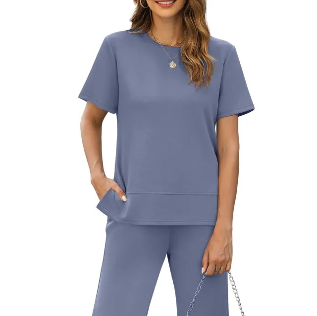 Sexy Women's Round Neck Loose Pullover Short sleeved Top Blue And Gray - Shop at LoveMi