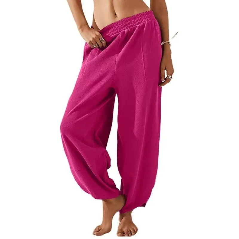 Women's Casual Pure Color All-matching Casual Pants With Pockets - Rose Red