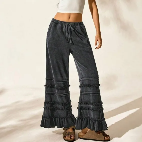 Summer Casual Vacation Style Black Worn Looking Washed out Loose Flared Pants Black - Shop at LoveMi