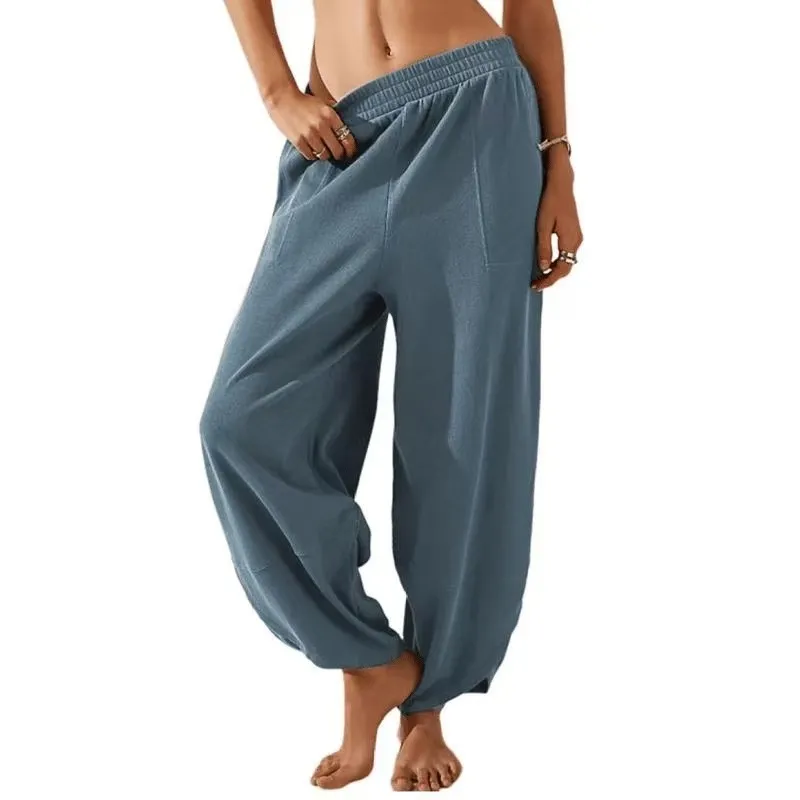 Women's Casual Pure Color All-matching Casual Pants With Pockets - Navy
