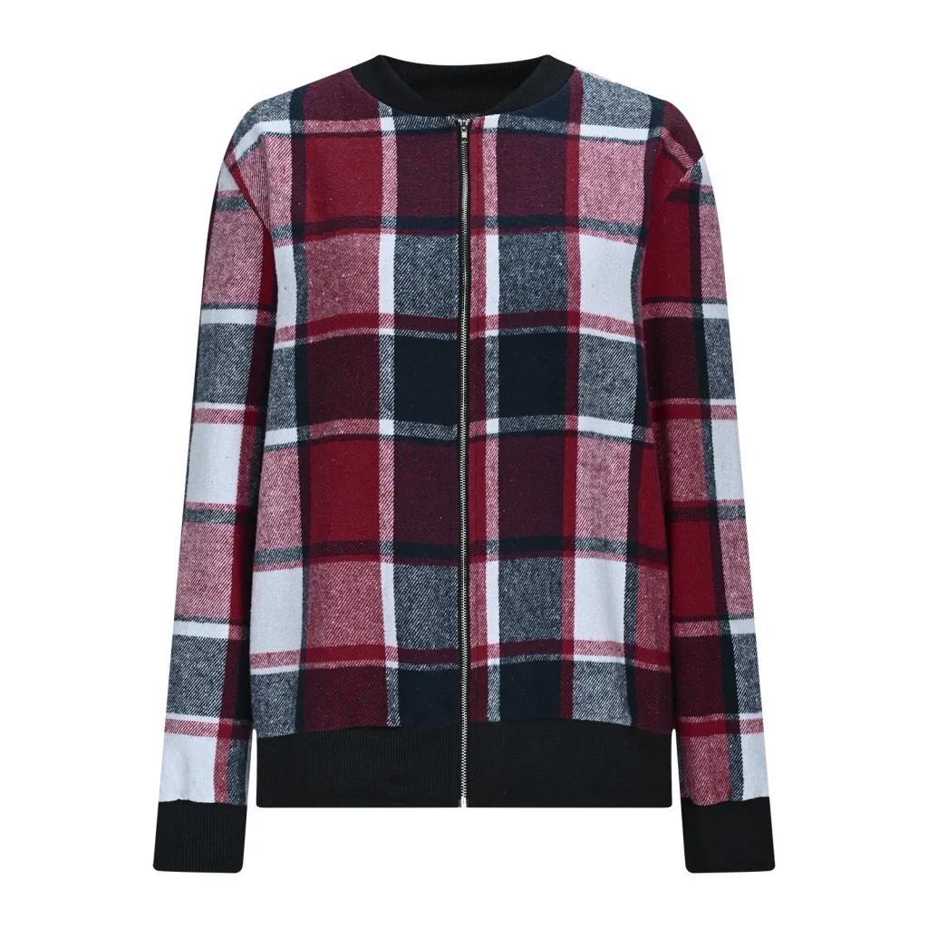 European And American Autumn And Winter Plaid Baseball Jacket Jacket - Wine Red