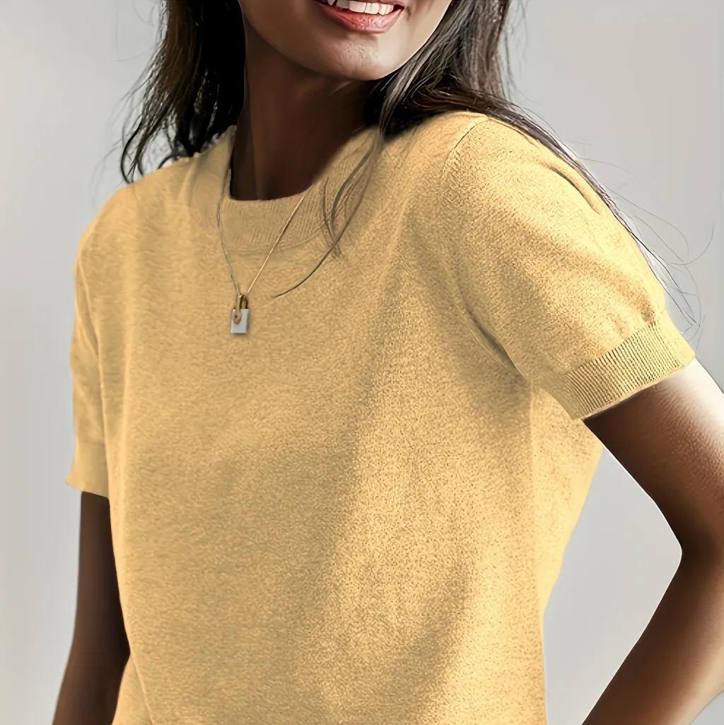 Round Neck Short Sleeve Thin Loose Casual Women's Sweater - Sunflower Color-Xl